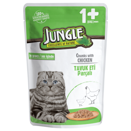 Aquapet Jungle Adult Cat Chicken 100g pouch featuring a fluffy cat and a bowl of chicken-flavored wet food