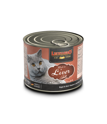 Aquapet Leonardo Rich in Liver 200g wet cat food featuring a fluffy cat and a bowl of liver-flavored pâté