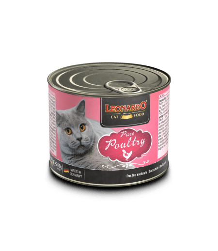 Aquapet Leonardo Pure Poultry 200g wet cat food can featuring a fluffy cat and a bowl of poultry-flavored pâté