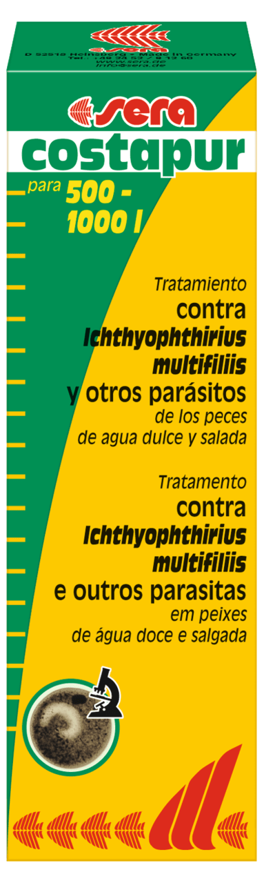 Aquapet Sera Costapur 50ml bottle featuring a green and yellow label, designed for treating Ichthyophthirius multifiliis and other skin parasites in freshwater aquariums.