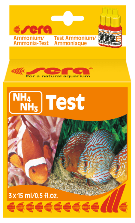 Aquapet Sera Ammonium/Ammonia Test Kit 15ml bottle featuring a color-coded chart and dropper, designed for monitoring NH₄/NH₃ levels in aquariums