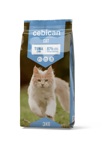 Aquapet Cebican Cat Tuna 3kg dry food bag featuring a tabby cat and a bowl of tuna-flavored kibble, emphasizing balanced nutrition