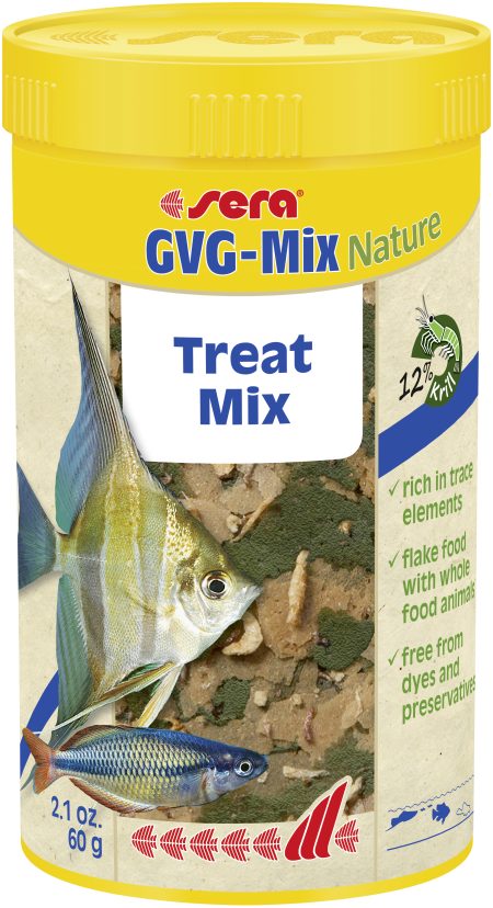 Aquapet Sera GVG-Mix Nature 250ml jar featuring a mix of flakes and whole dried food organisms like krill, bloodworms, and daphnia, designed for surface-feeding ornamental fish