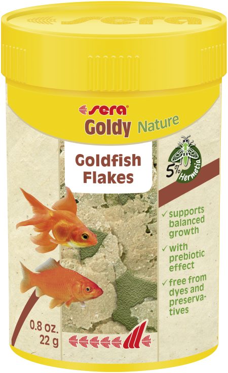 Aquapet Sera Goldy Nature 100ml goldfish flakes featuring a goldfish and a bowl of insect meal-based food, promoting healthy growth and vibrant colors