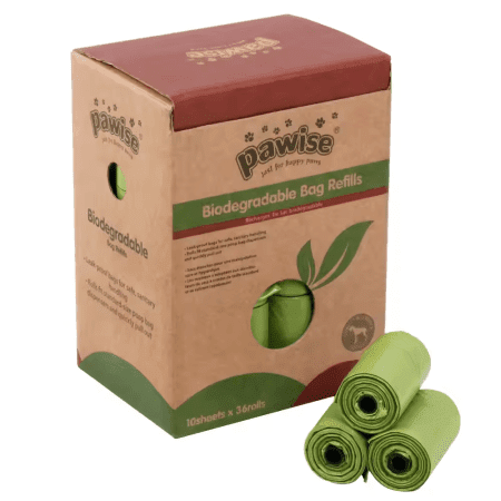 Aquapet Pawise Biodegradable Poop Bags in green packaging, offering eco-friendly waste disposal solutions for pet owners